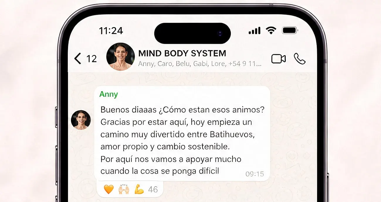 El grupo de WhatsApp de Anny Mind Body System en un teléfono.